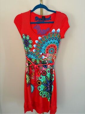 Desigual "Regina Guer" Red Vibrant Bohemian Floral Print Knee-Length Dress